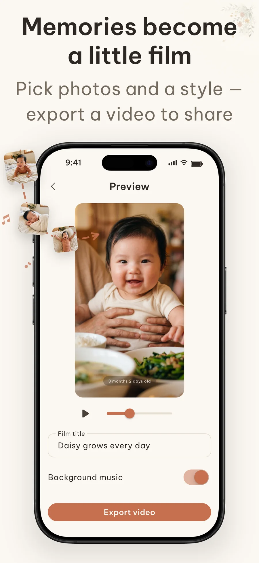 Cubi screen turning diary photos into a keepsake film with music