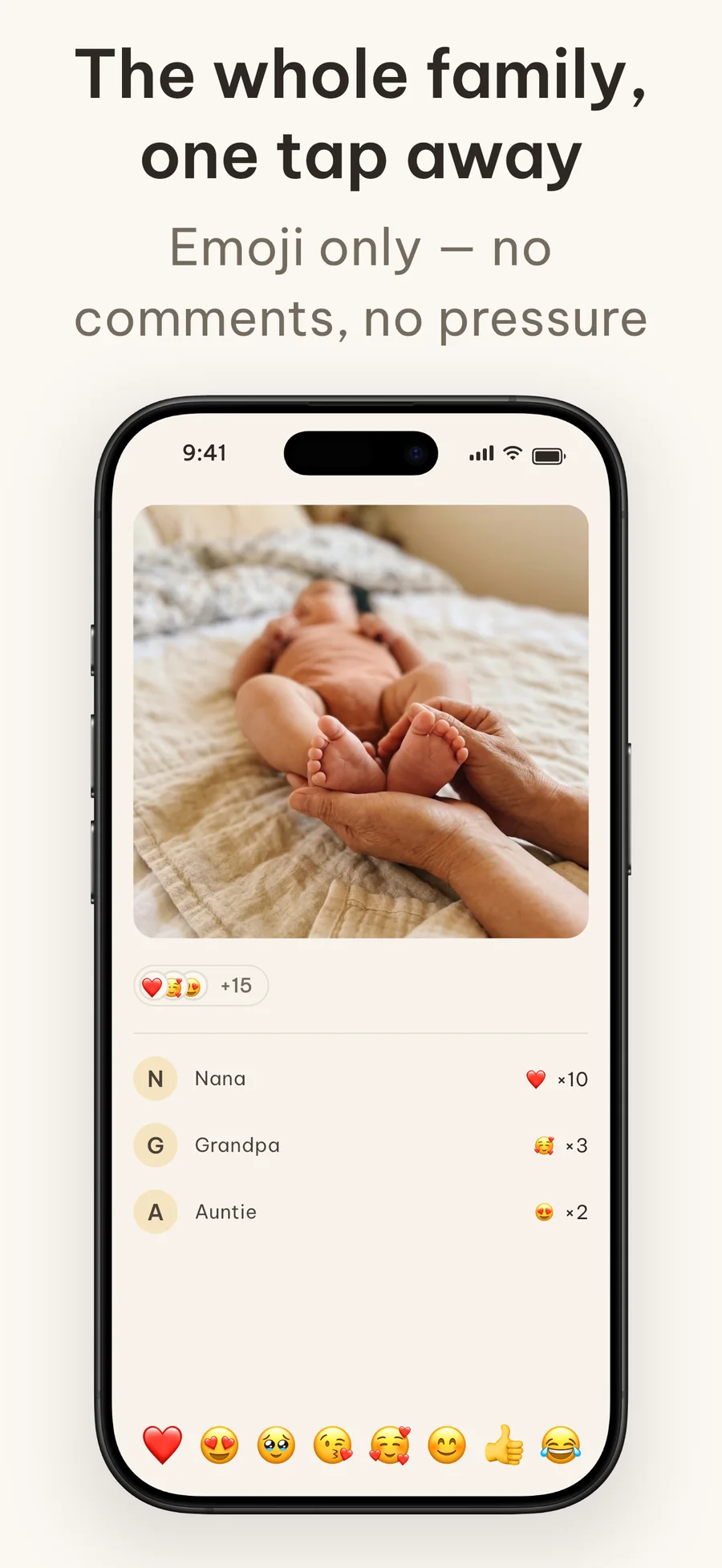 Cubi reactions screen with emoji and hearts, without pressured comments