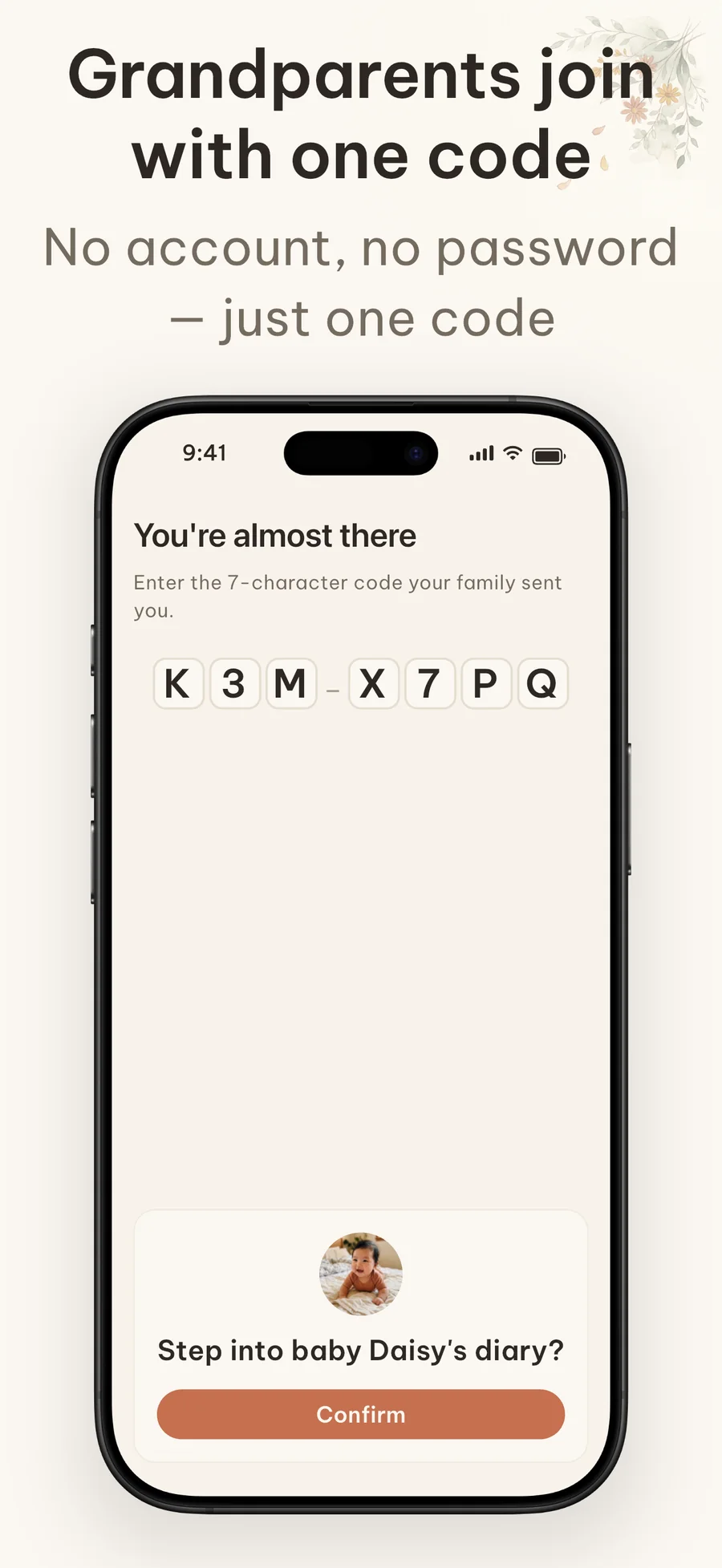 Cubi invite-code screen where grandparents join without signing up