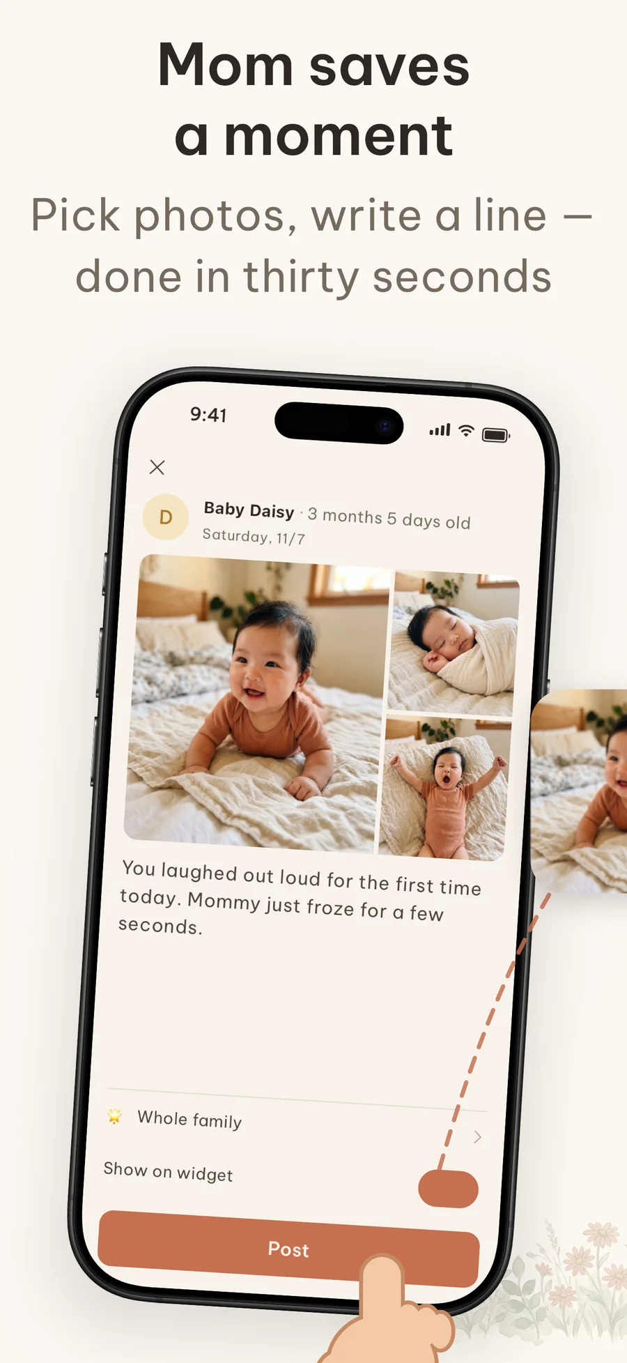 Cubi screen where a parent selects photos, writes a line and keeps a baby's moment