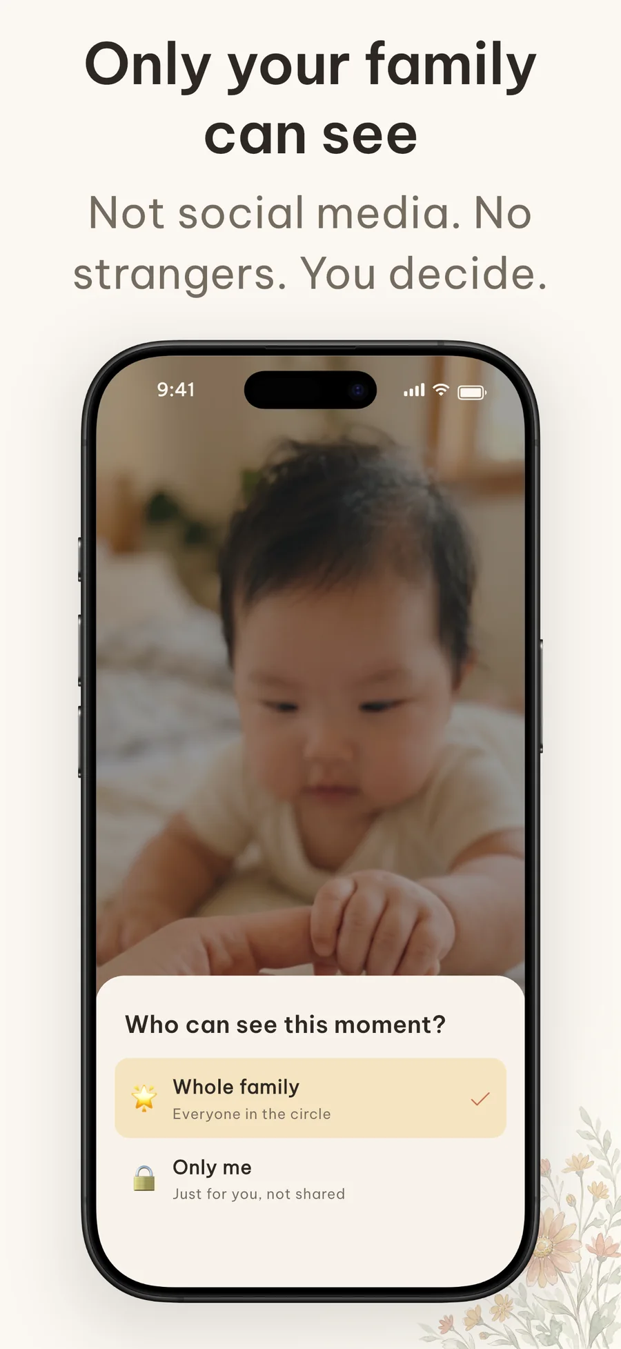 Cubi screen where parents choose who can see each baby's moment